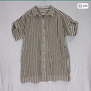 Madewell Collared Button-Front Mini Shirtdress Striped Seed Khaki Women's Large